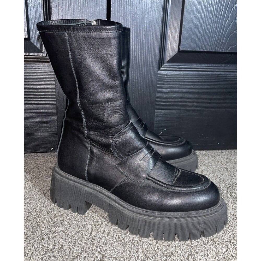Free People Black Leather Chunky Lug Platform Loafer Boots Womens 39 US 8.5